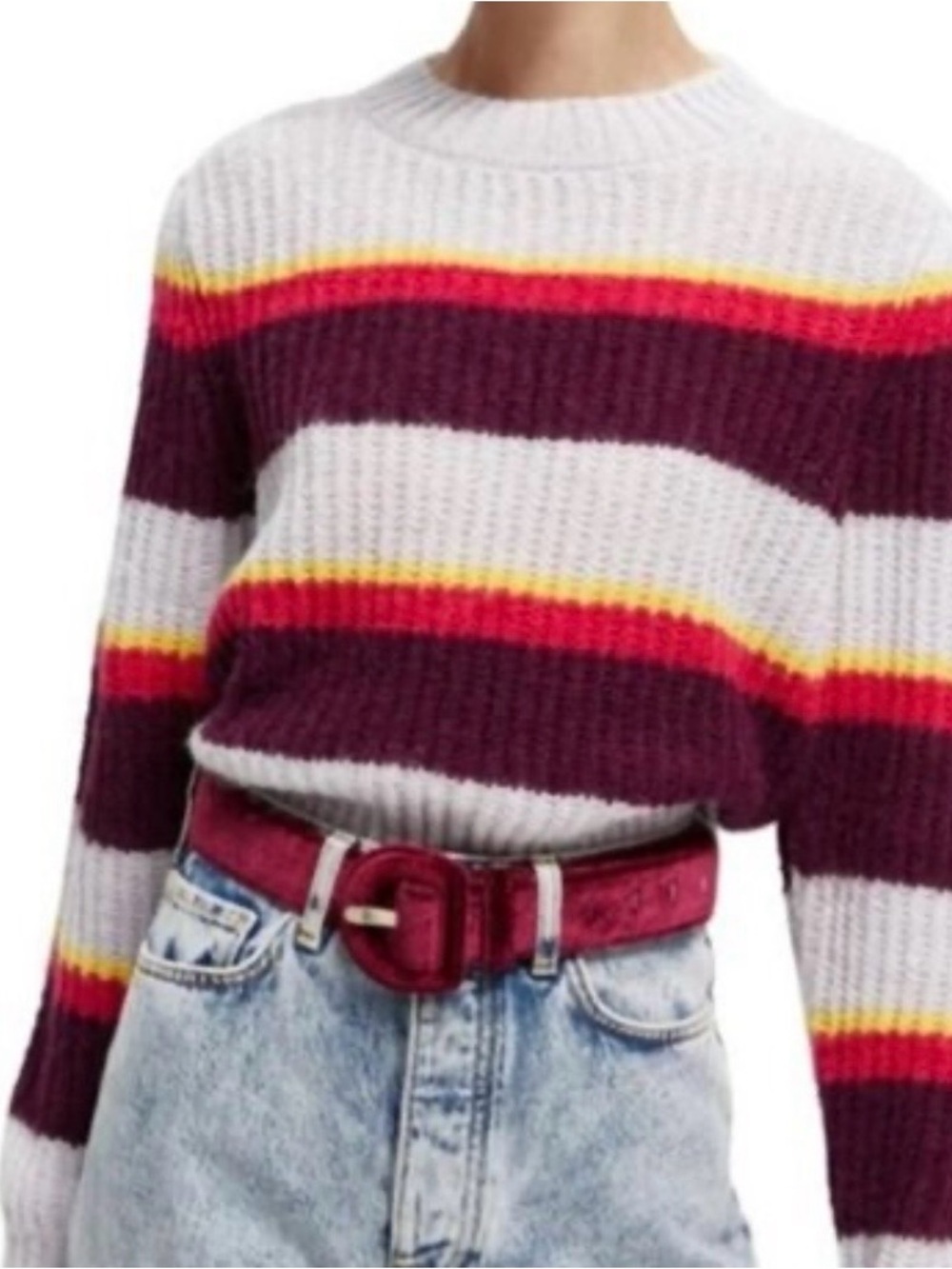 Scotch & Soda Cozy Retro Ribbed Crewneck Sweater in White, Burgundy & Red Accent